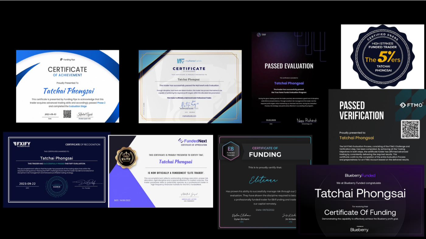 ใบรับรอง Funded Trader ของ Earth Tatchai — FTMO, The 5%ers, FundingPips, FXIFY, FundedNext, Blueberry